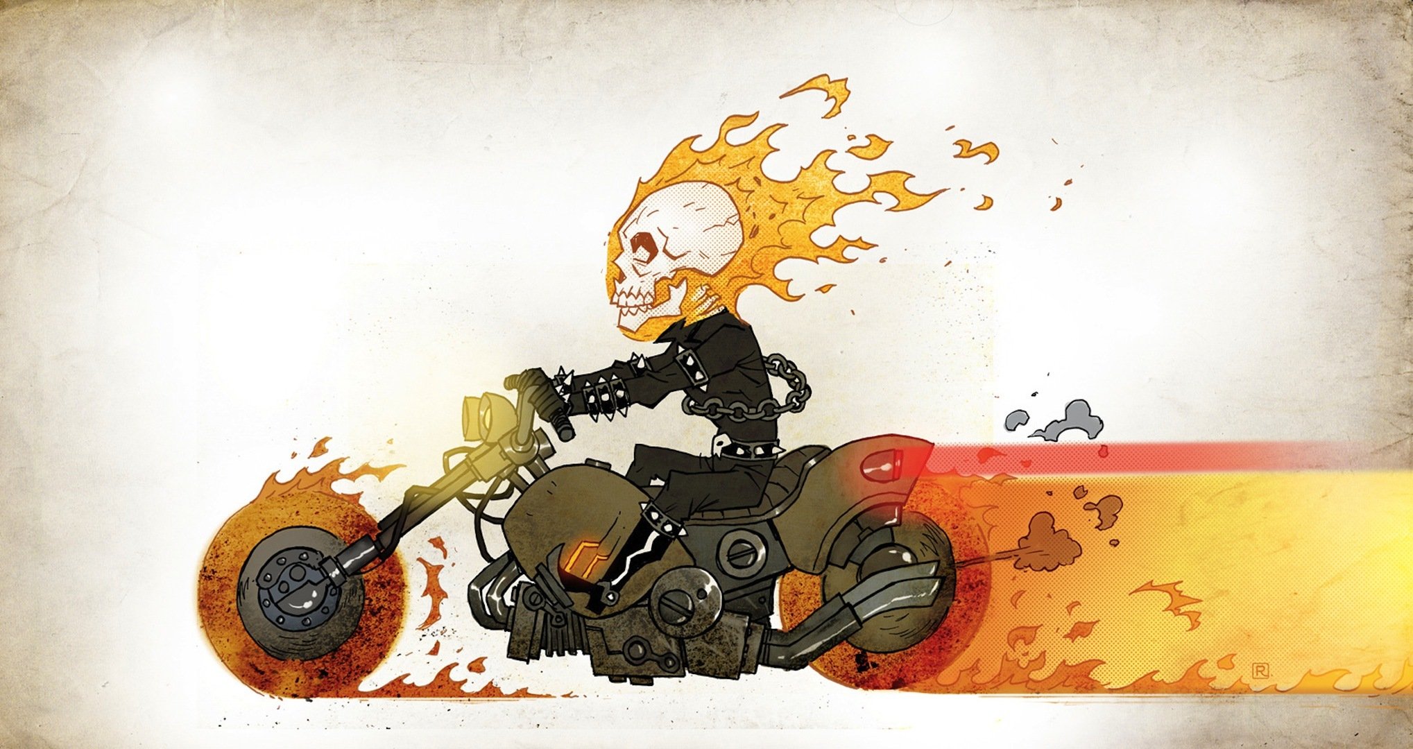 gespenstisch rennfahrer zeichnung motorrad feuer schädel kette overall comic