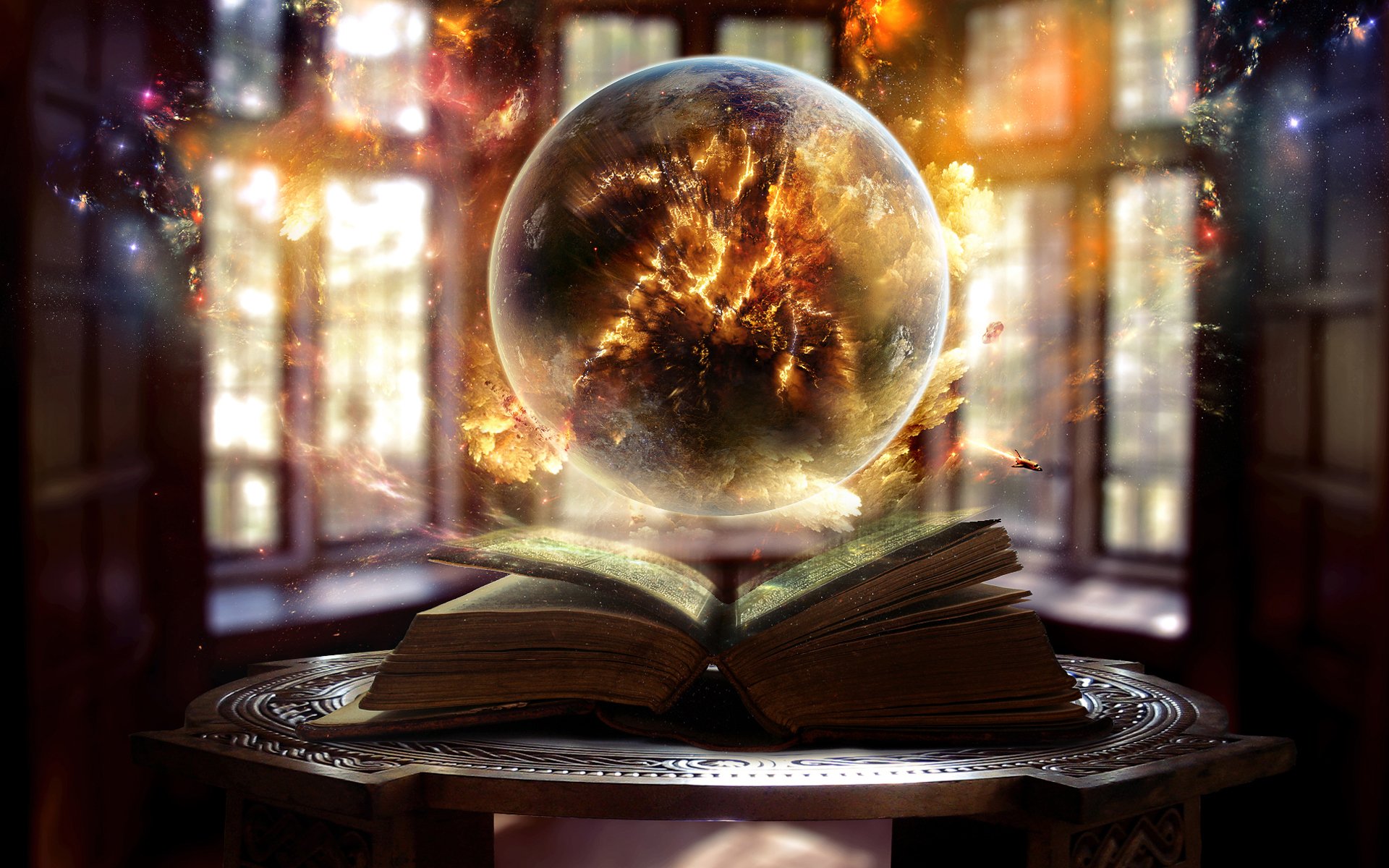 book sphere ball fire sparks magic window light