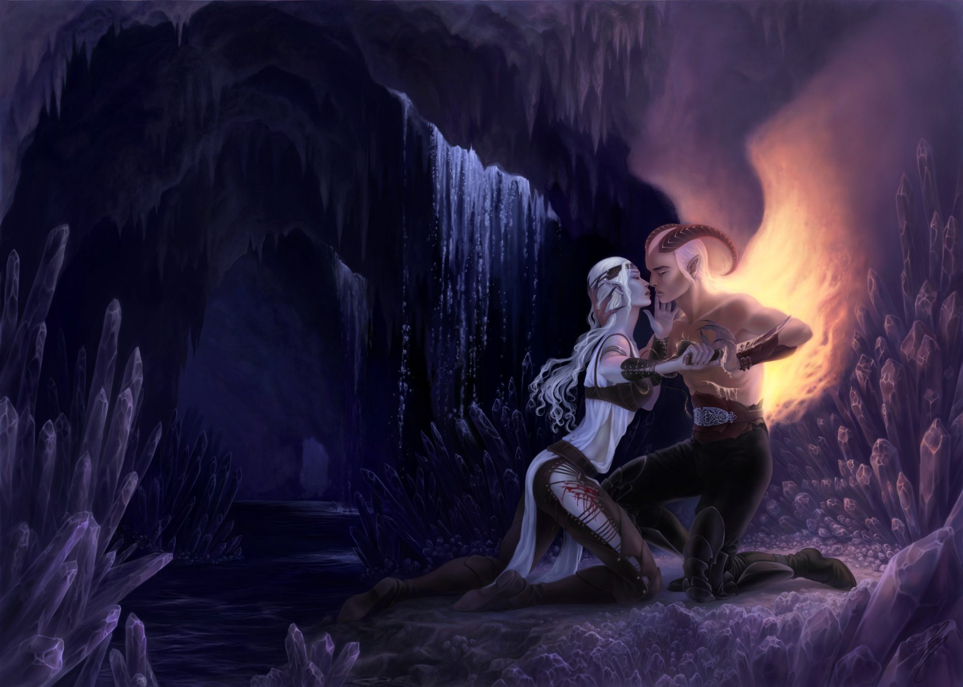 guy girl demon long hair white hair crystals cave love couple wing