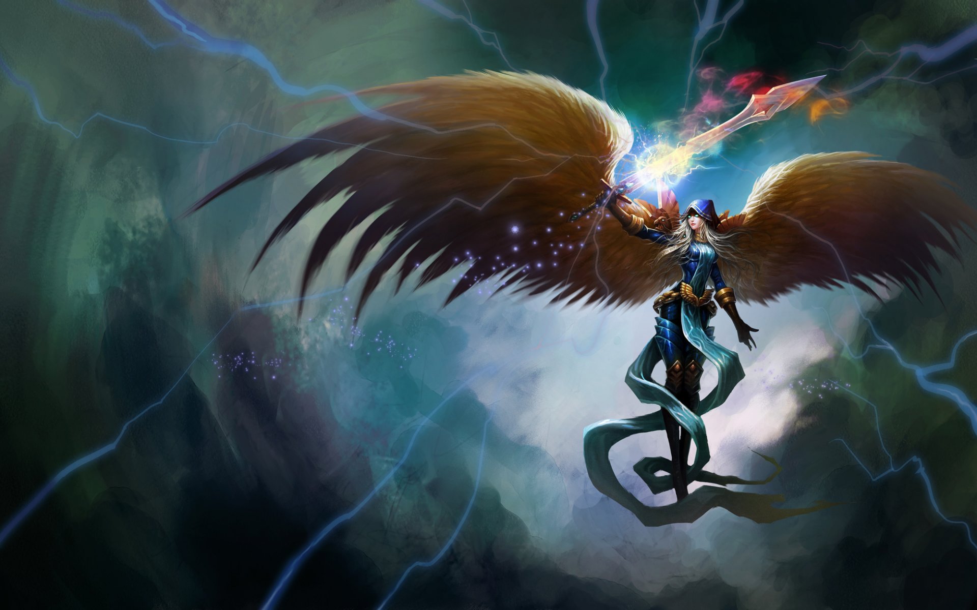 art kayle league of legends angel girl sword wings magic lightning