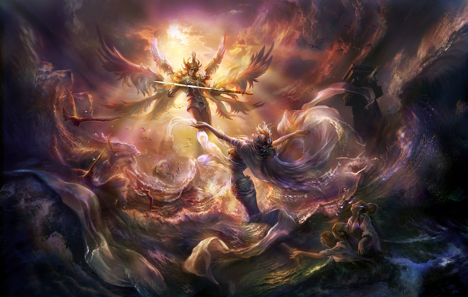 art rong rong wang sea storm angel guy girls wings sword bird