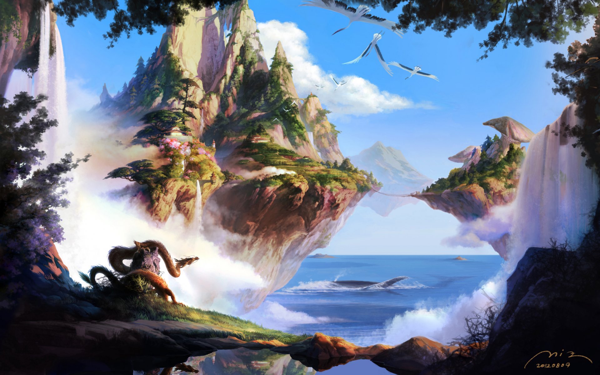 art nature îles mer vol pont dragon oiseaux montagnes roches cascade fantasy champignons arbres