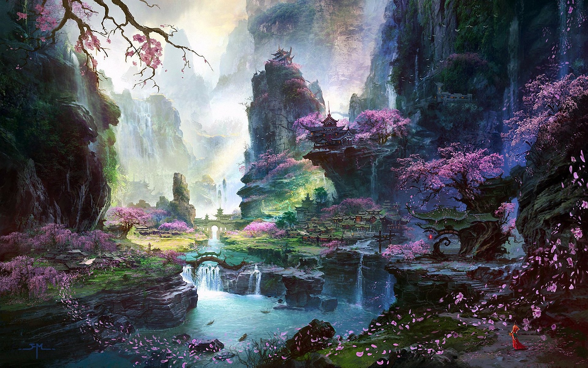 kunst landschaft asien fluss tempel sakura bäume wasserfall mädchen blütenblätter berge felsen