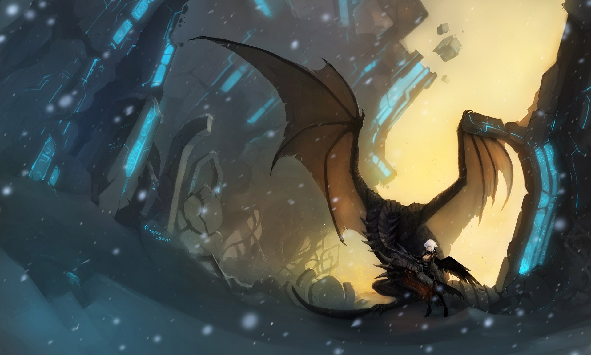 art dragon girl wings ruins snow magic stones picture