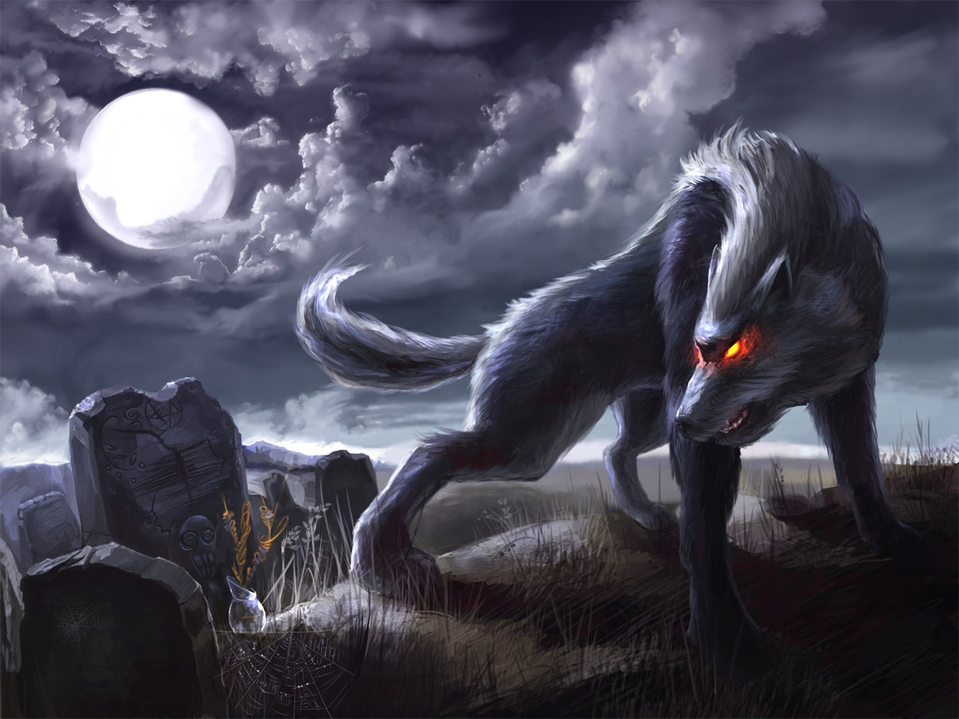 wolf night moon burning eyes tombstone web