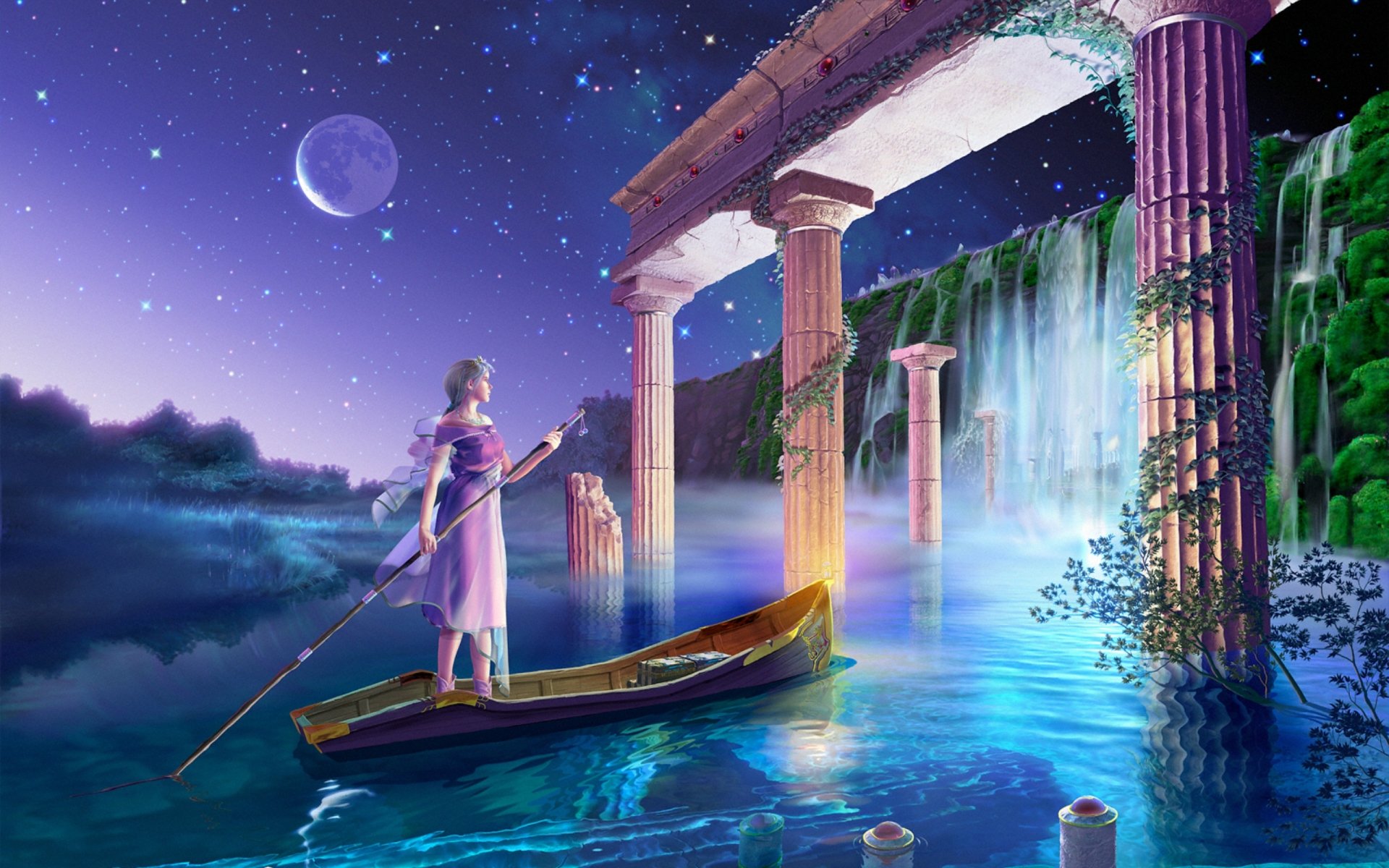 cg wallpapers yutaka kagaya starry tales celestial exploring back into the palace earthlight before the dawn moon gates princess stars dreams waterfall future city fantasy yutaka kagayya return of the princess s palace moon gate sunrise earth devush