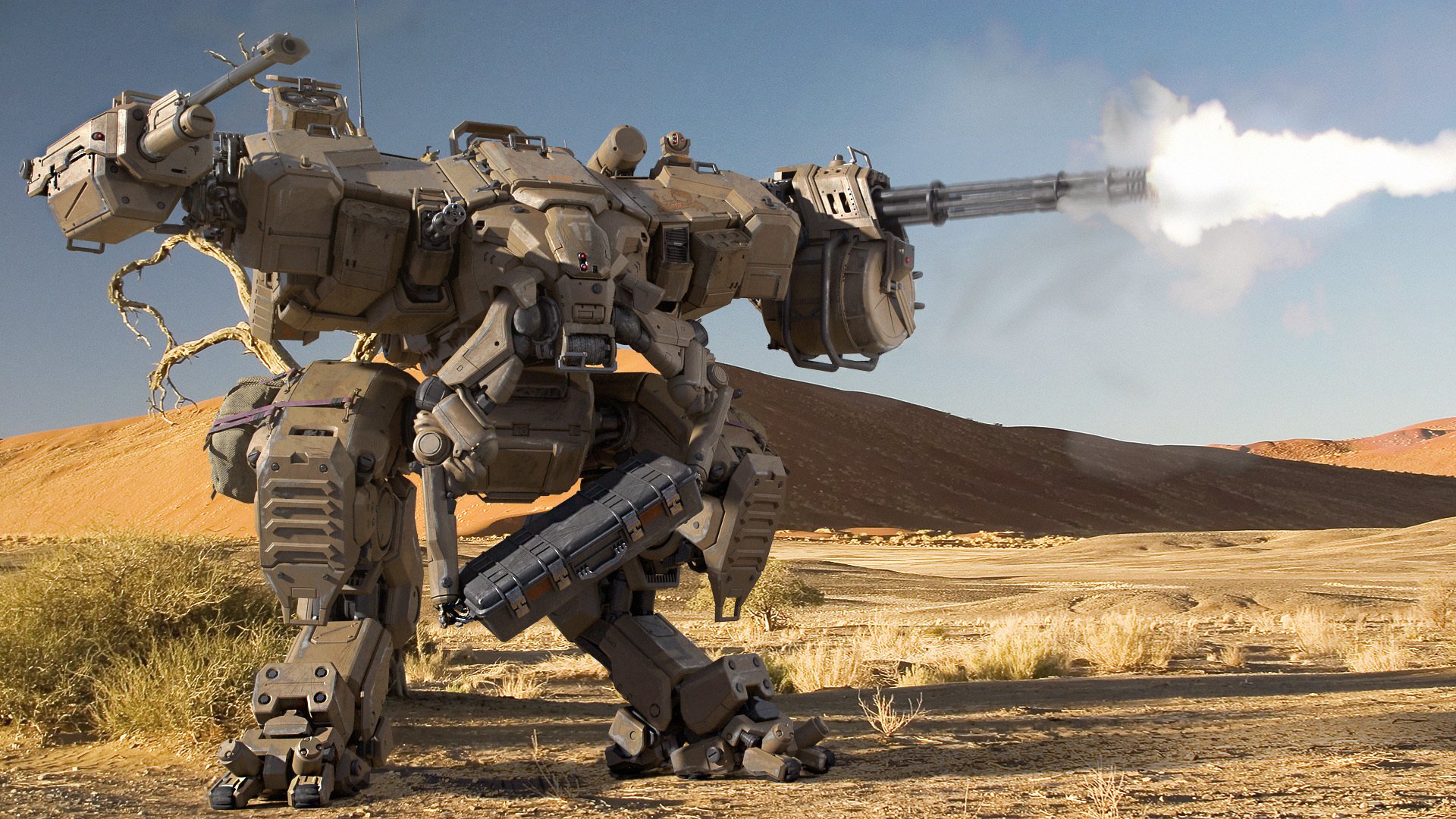 robots shagatel machine guns fire shooting desert sand