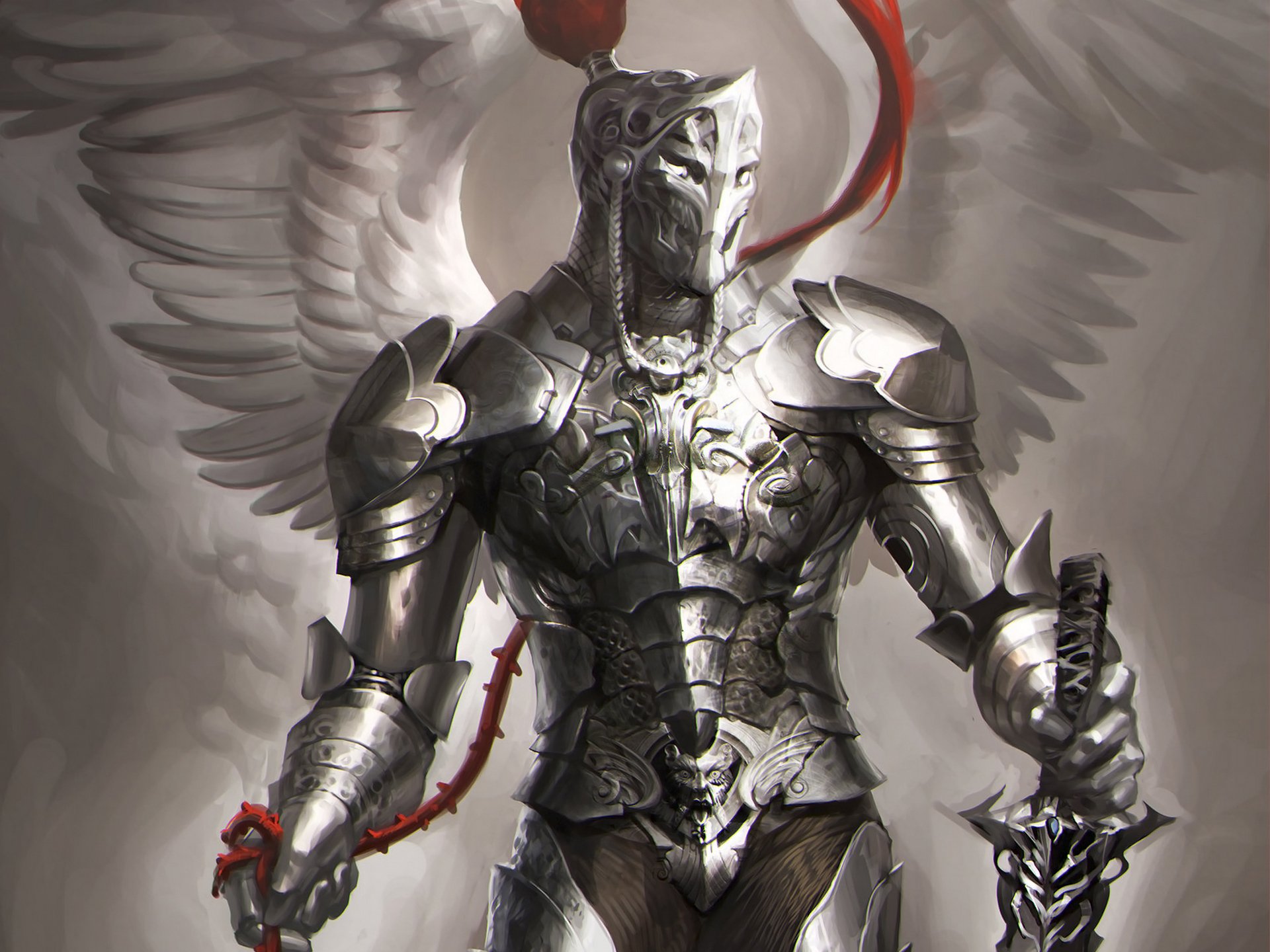 art sakimichan angel knight wings armour weapon sword