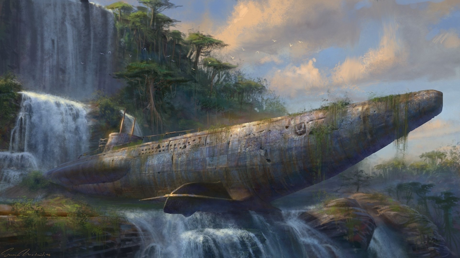 uncharted drake’s fortune abandonment waterfall rock submarine art