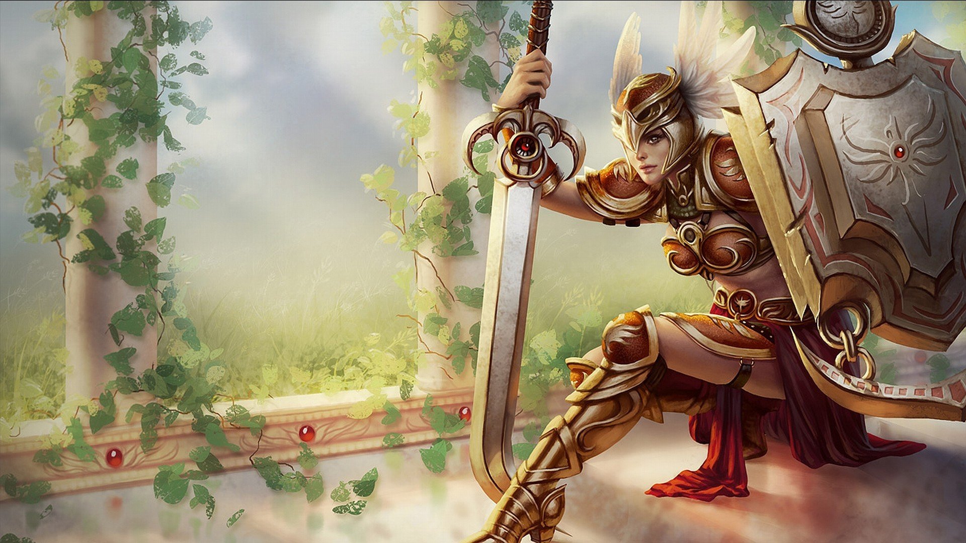 league of legends kunst leona mädchen waffe schild schwert