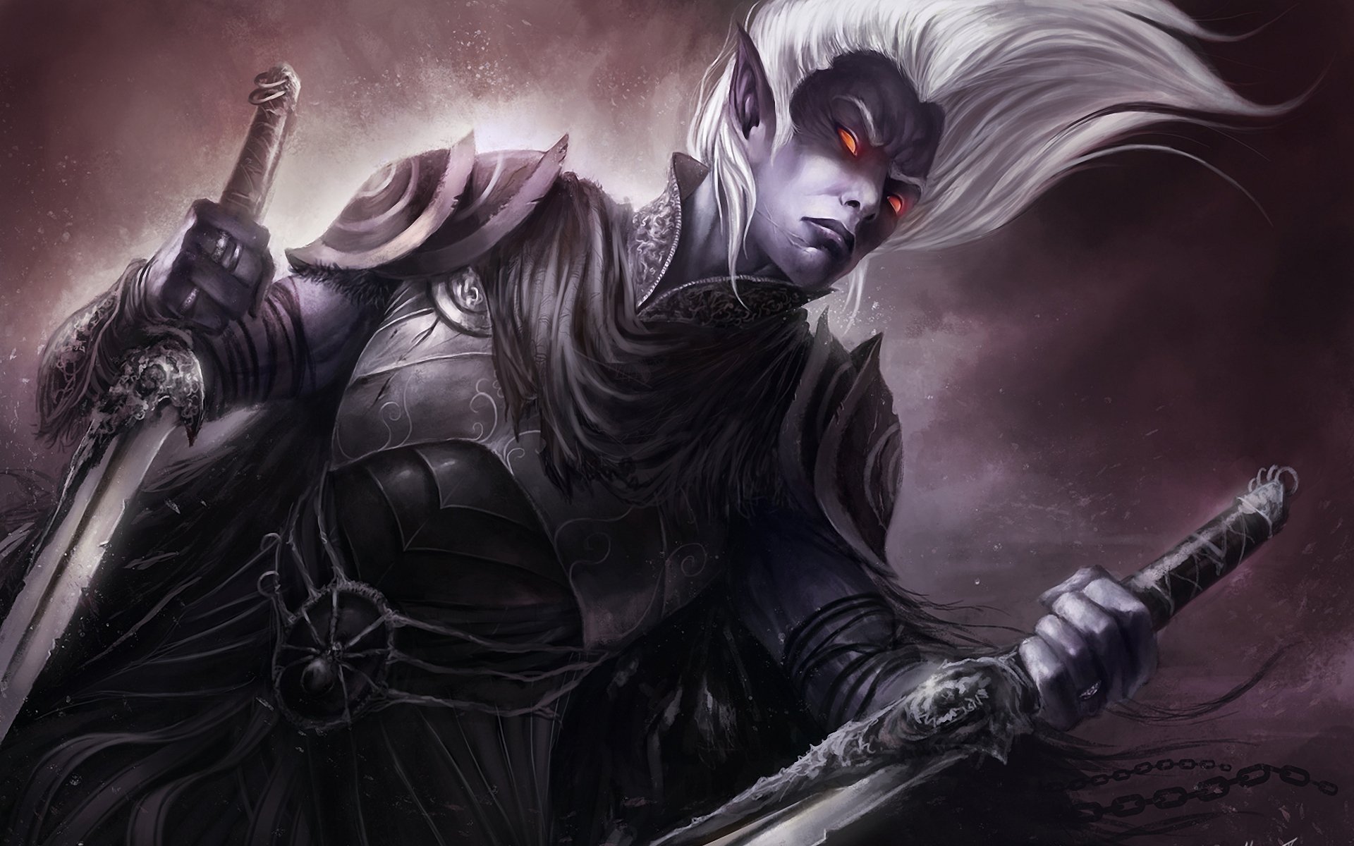 art mroczny elf drow drizzt do urden płonące oczy zbroja ostrza łańcuchy