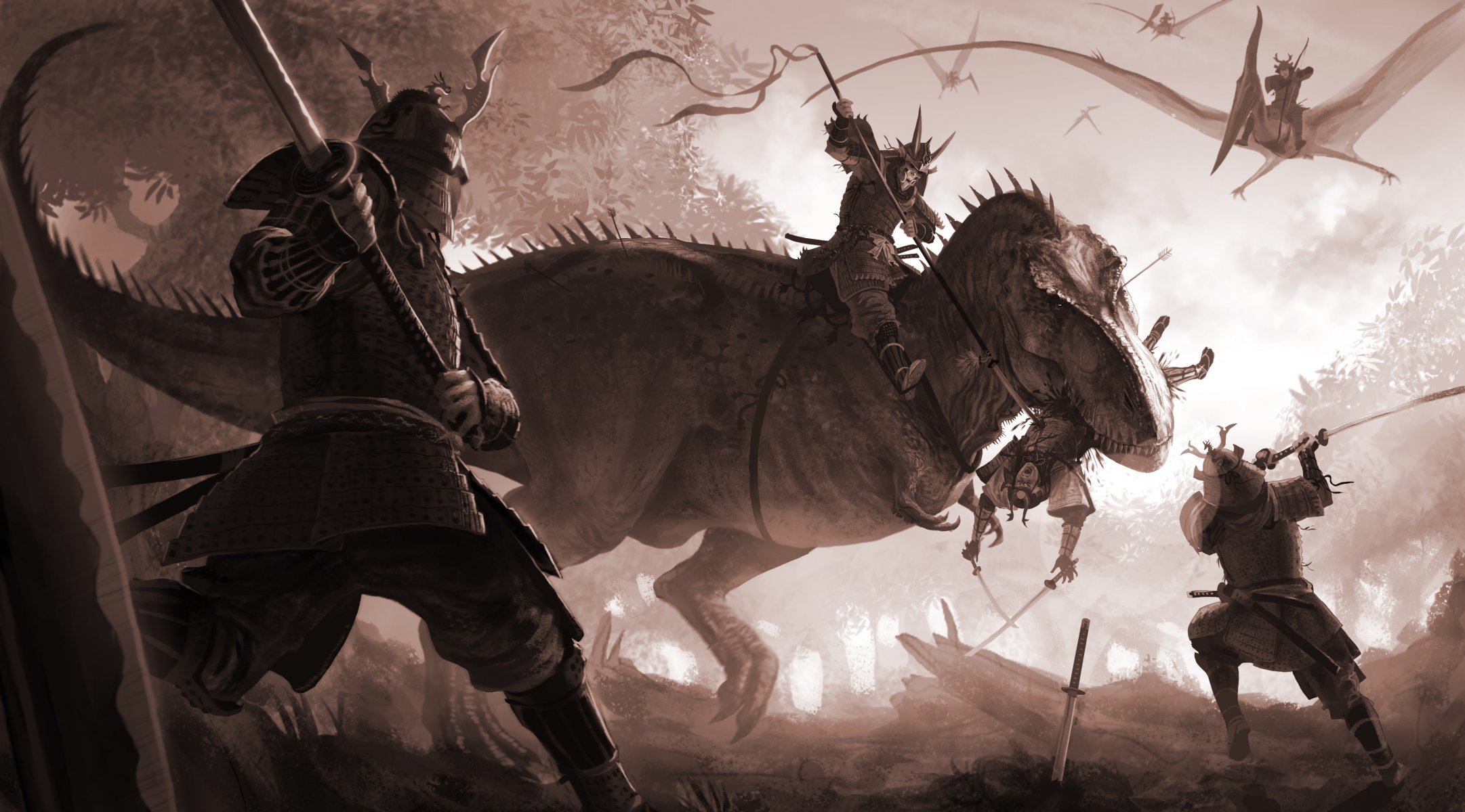 arte arvalis t-rex samurai dinosaurio lagarto batalla pterodáctilo katana espada