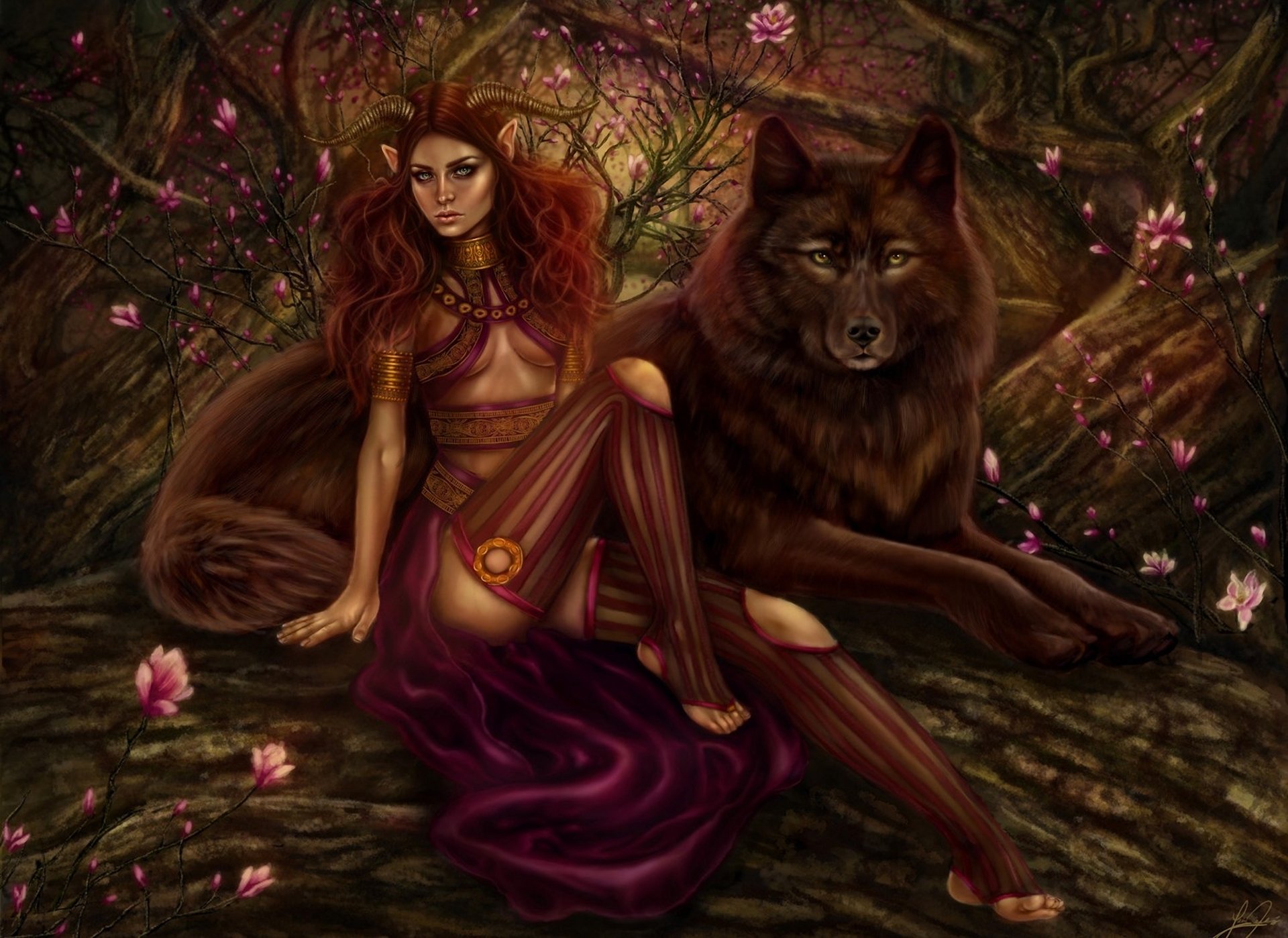 art girl demon demoness forest horns redhead wolf predator trees flower