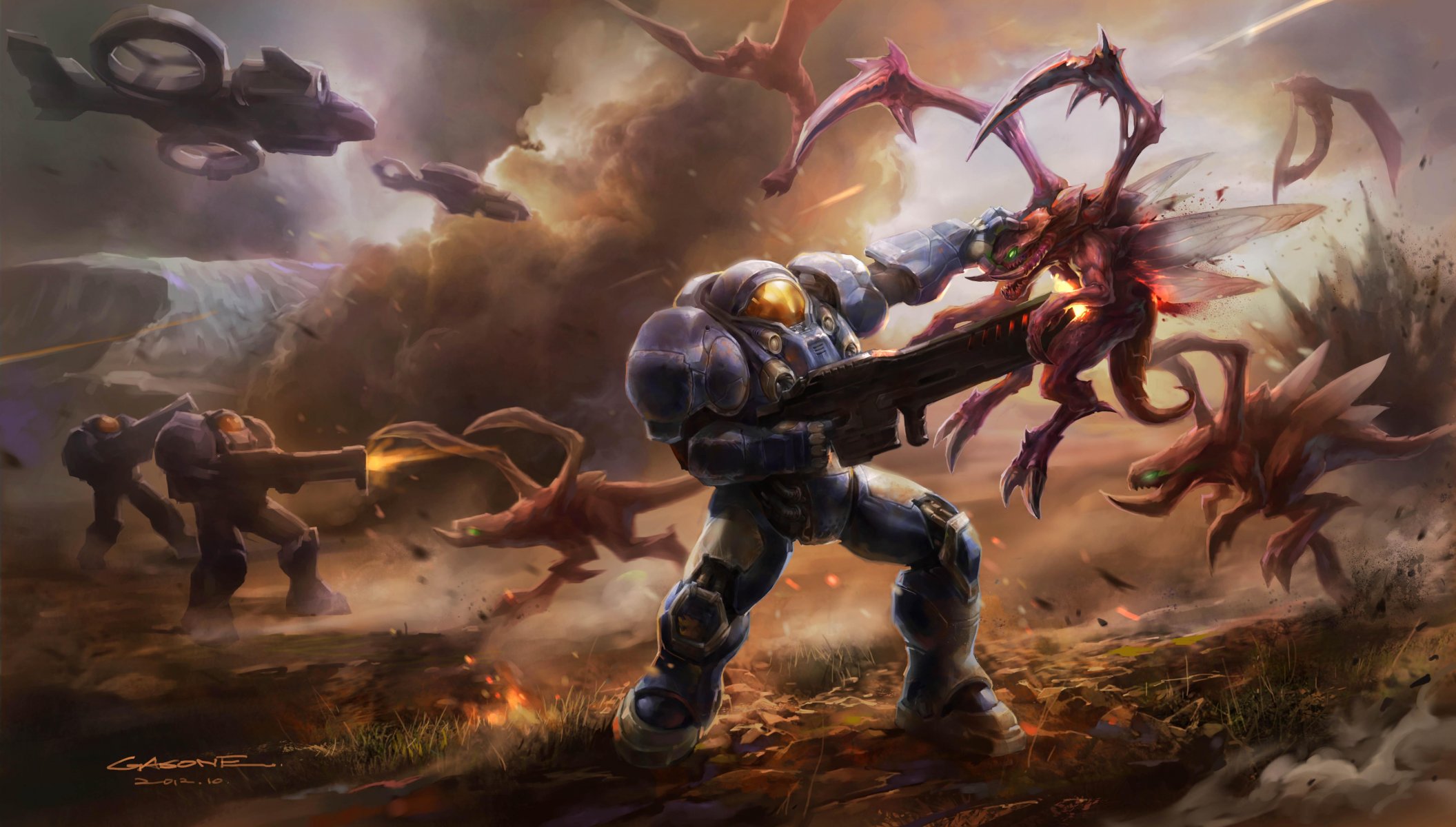 kunst gasone starcraft ii krieg schlacht monster waffen raumanzug rüstung schiffe transport