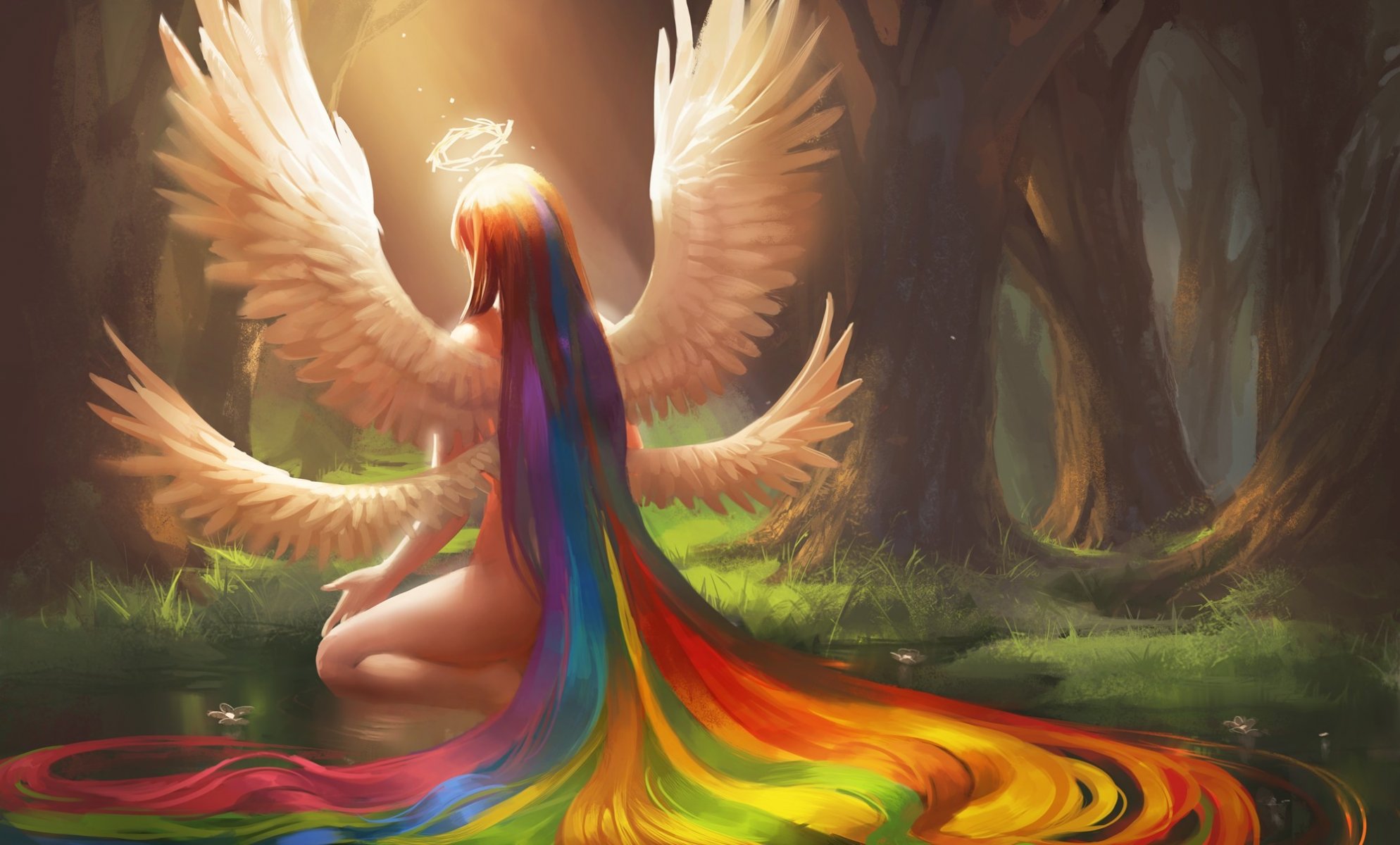 art sakimichan girl rainbow hair wings angel halo forest pond water flower sitting back