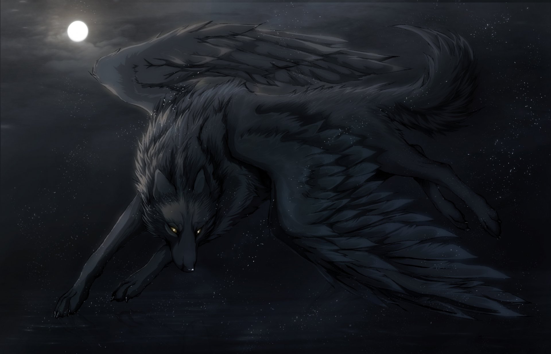 night dreams art dark_sheyn wolf wings night moon art