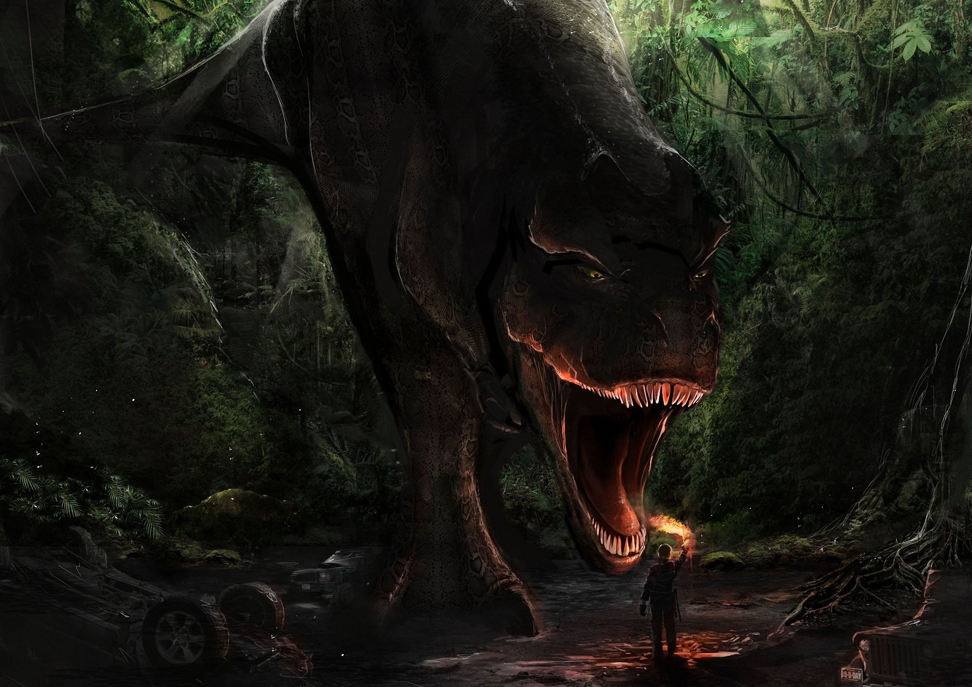 arte dinosauro t-rex foresta uomo torcia bocca pericolo fuoco