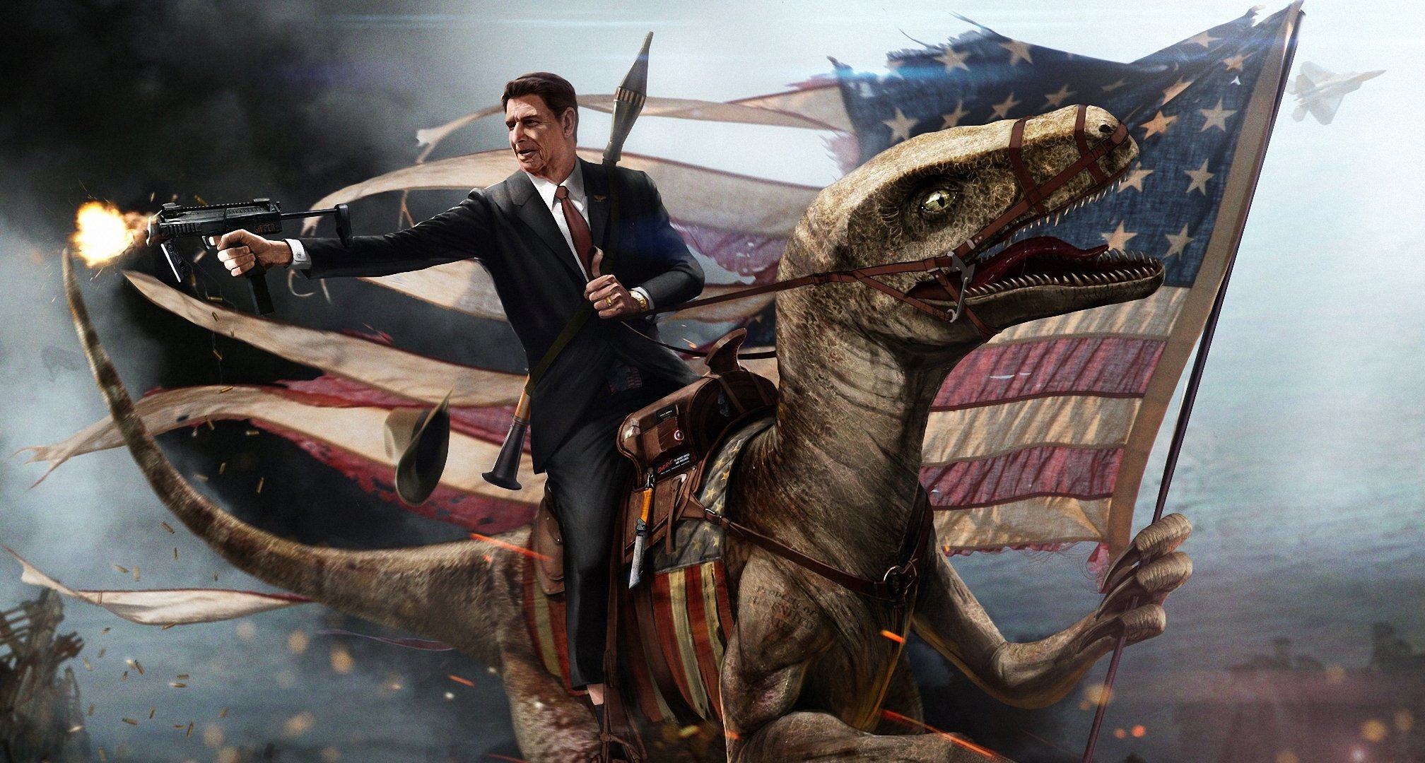 arte ronald reagan fucile d assalto arma bandiera degli stati uniti velociraptor dinosauro