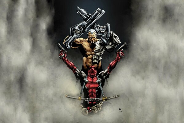 Deadpool und Kabel im Nebel mit Waffen