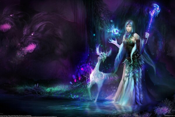 A sorceress girl with a staff in her hands and magical creatures