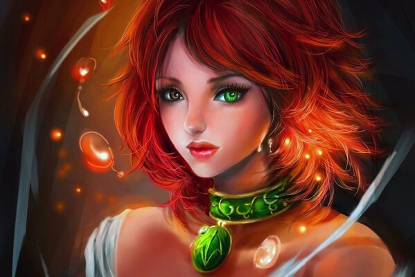 A red-haired girl with a green pendant and different eyes