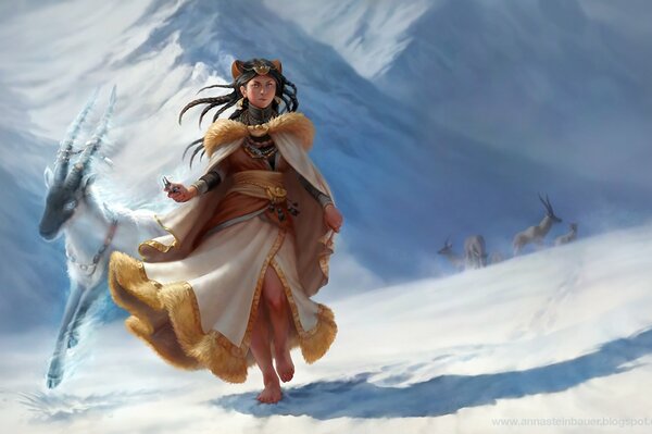 A girl walking barefoot in the snow