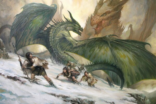 Dragons and people in the snow