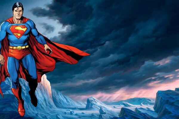 Superman in a raincoat hovers over the mountains