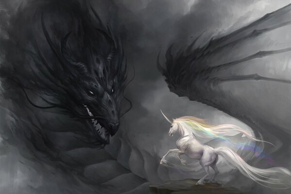 Dragon and unicorn with rainbow mane