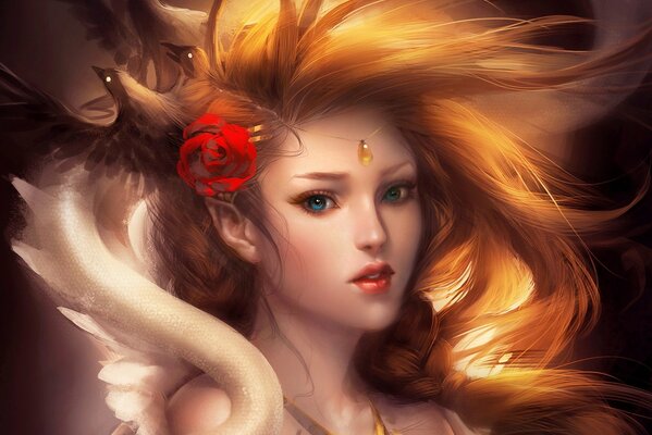 Red-haired girl with a rose in her hair