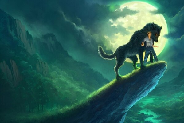 A guy and a wolf on a rock in the night