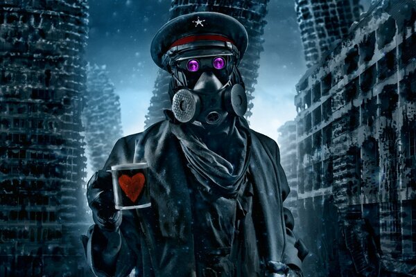 The captain in a gas mask is holding a mug with a heart painted on it