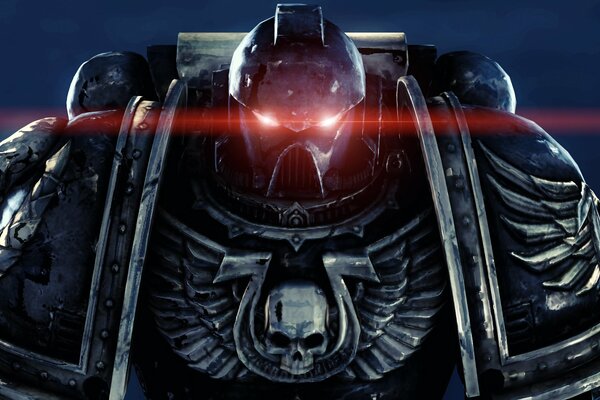 A space marine with red eyes and a skull on his chest