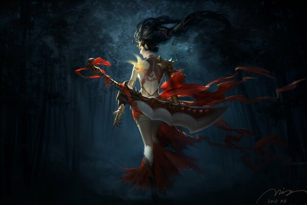 Chica Fénix con espada mágica caminando por el bosque oscuro de la noche