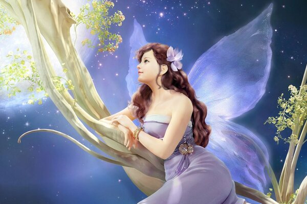 A girl with wings is a night fairy sitting on a flower branch