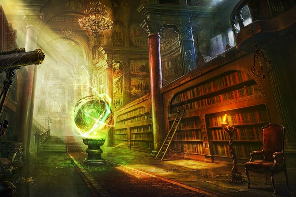 Library with a glowing magic ball