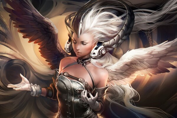 Goddess girl with wings in headphones