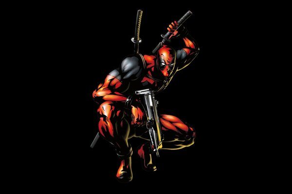 Deadpool with a gun on a black background