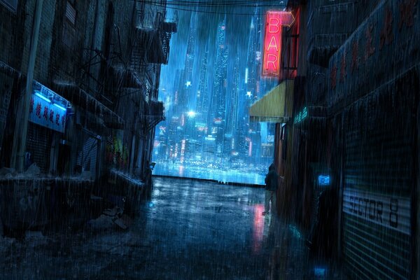 Ciudad lluviosa nocturna al estilo cyberpunk