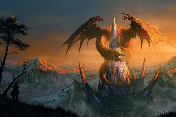 Fantasy image of a dragon on a fortress