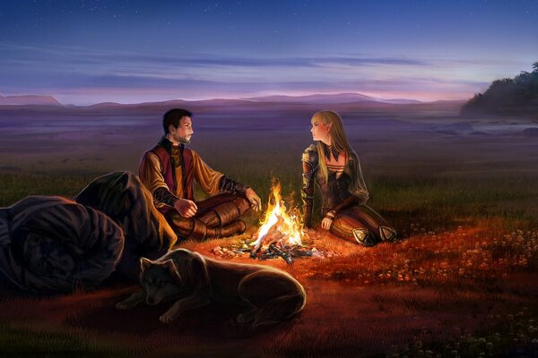 A man and an elf woman in front of a campfire at night