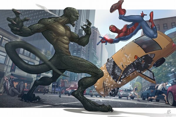 The battle of Spider-Man and Lizardman