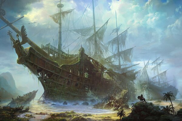 Giant ship and its shipwreck on the island