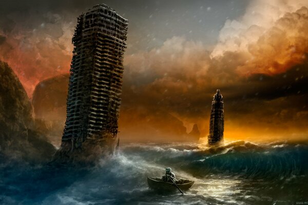 A post-apocalyptic landscape with skyscrapers, the sea and a creature in a boat