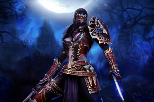 Assassin art girl sur fond de lune dans la nuit