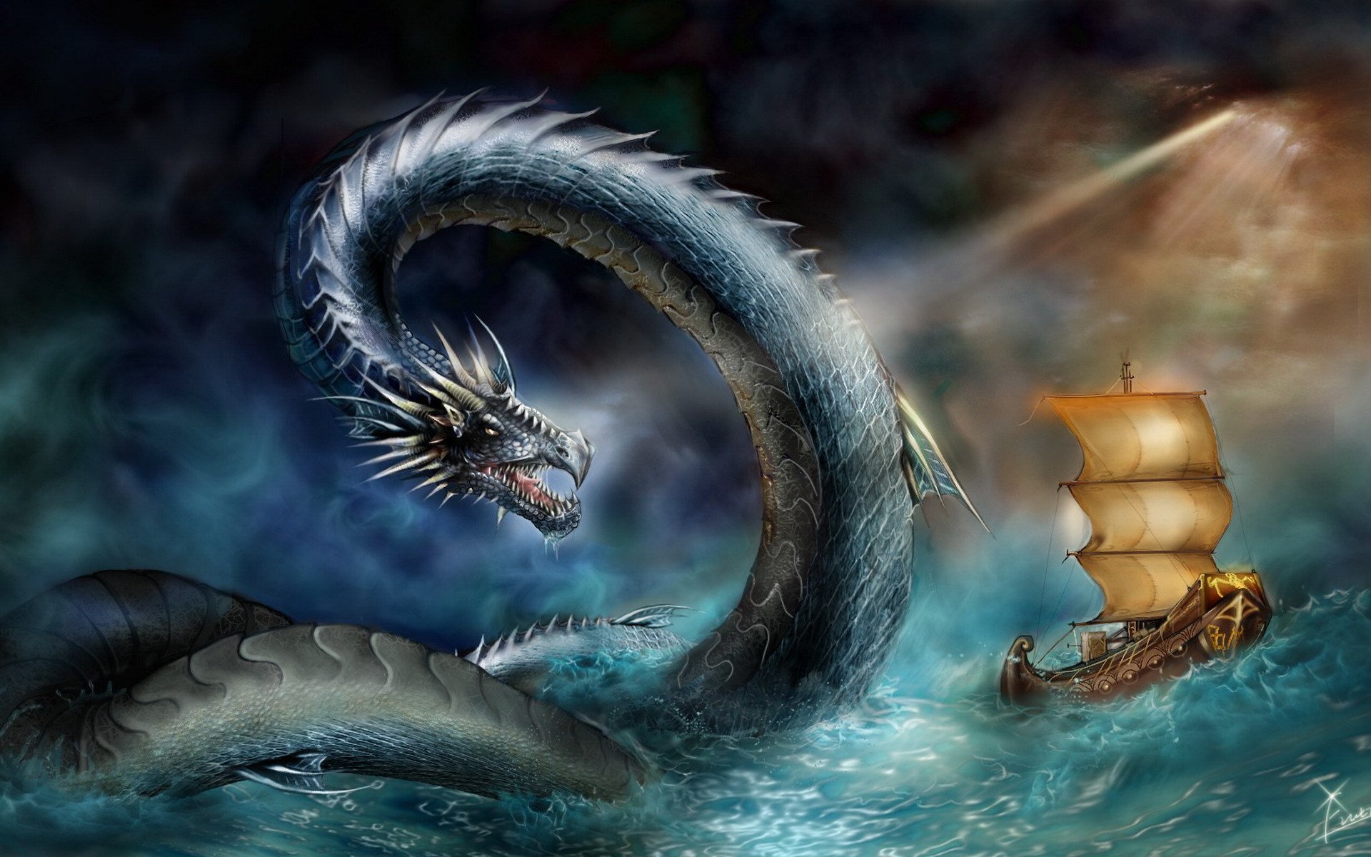 serpent marine mer tempête navire attaque