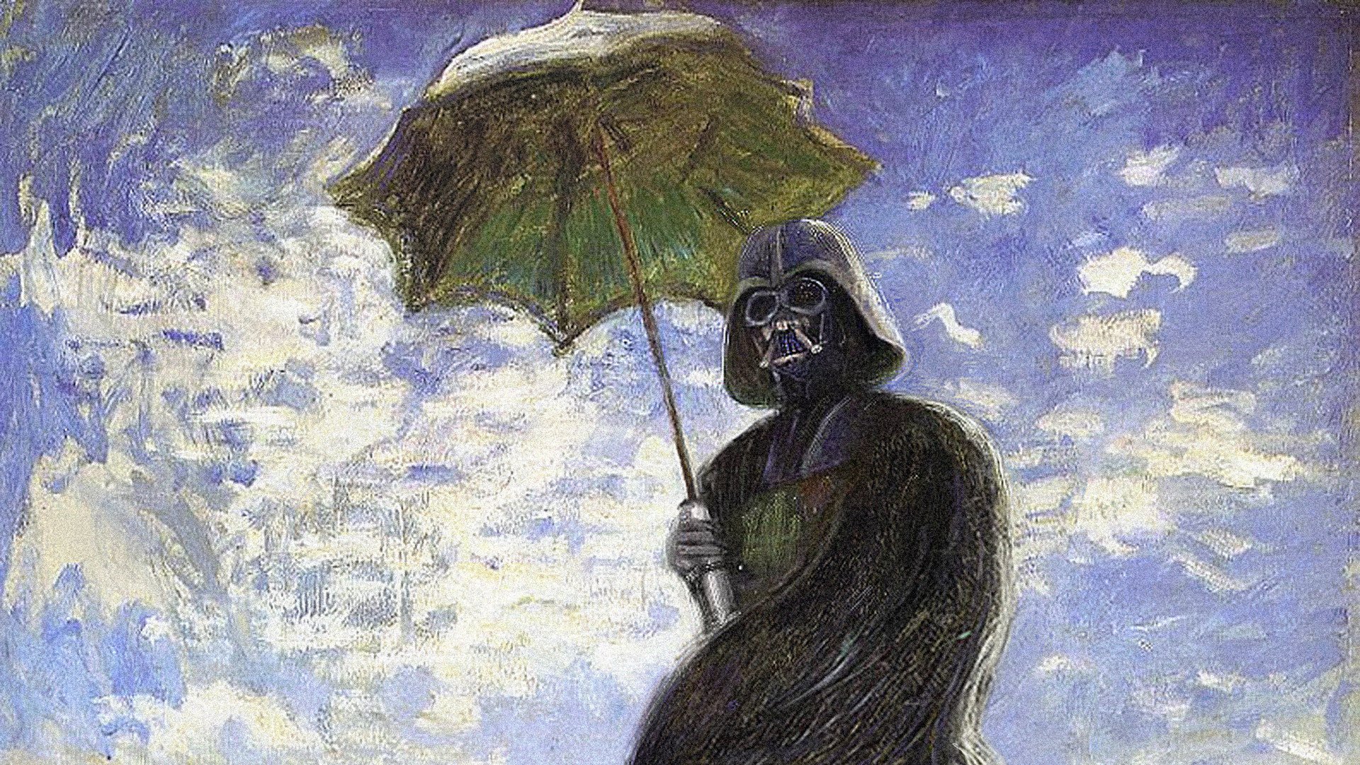 star wars darth vader pintura al óleo paraguas casco capa cielo