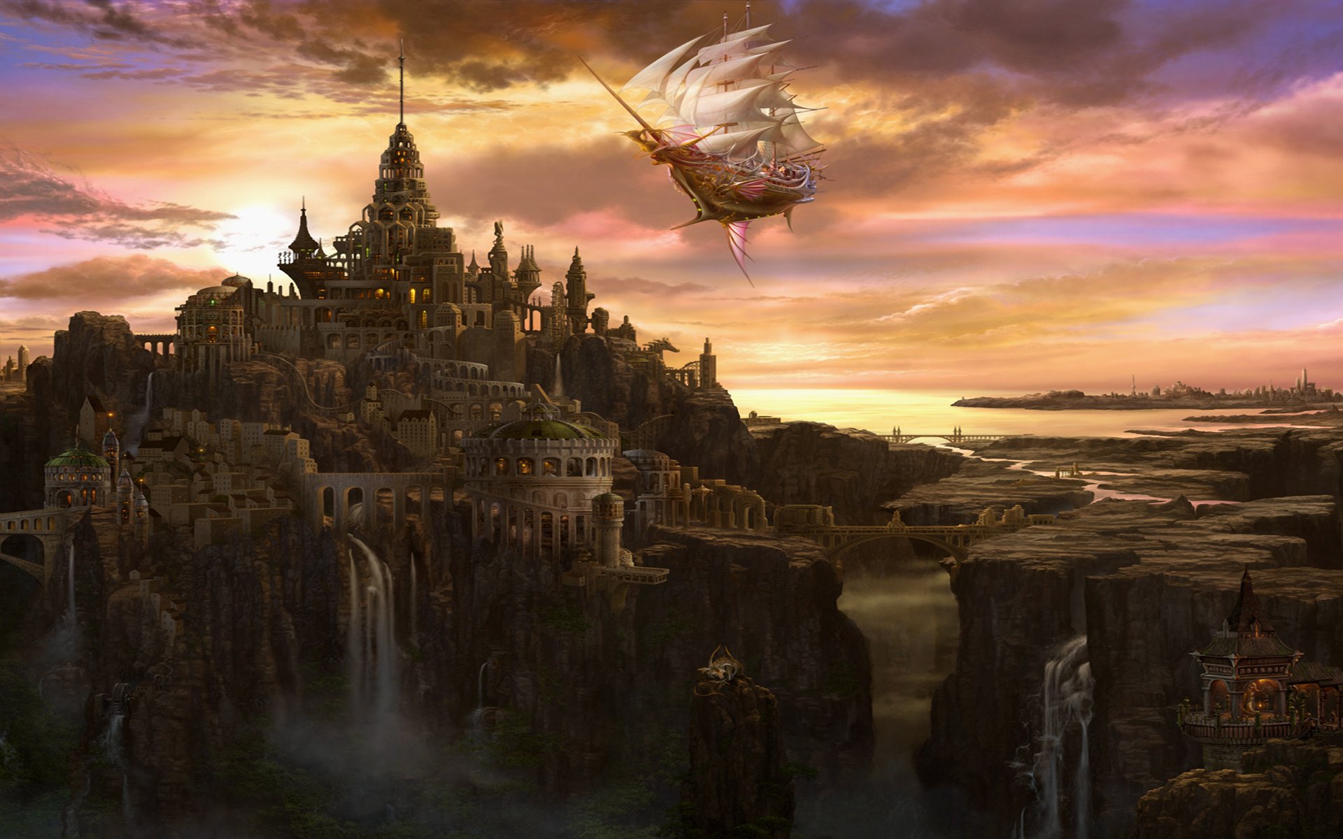 art ucchiey kazamasa uchio town ship flying clouds waterfall bridge castle tower sail