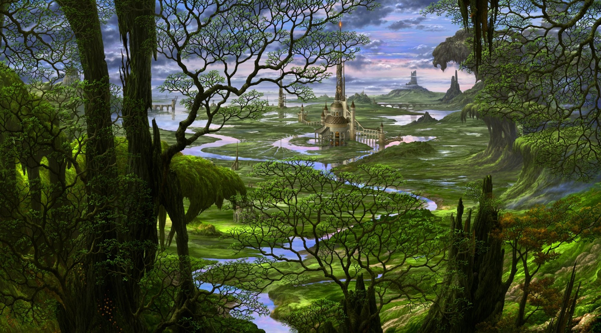 kazamasa uchio ucchiey japon fantasy contes de fées château paysage kazamasa uchio art conte de fées forêt arbres rivière