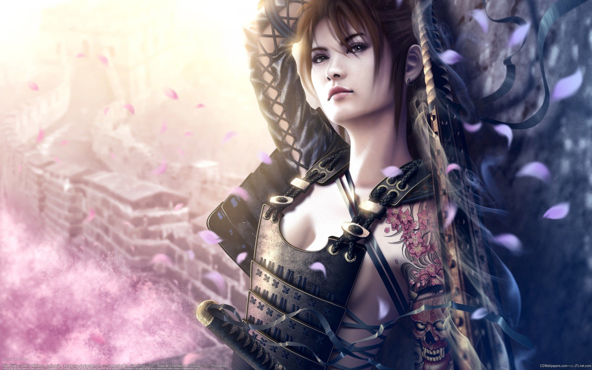 art mario wibisono girl asian sakura petals weapon sword katana armor wall belt house light tattoo